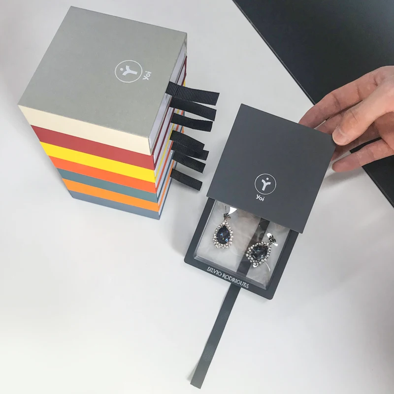 2022 Transparent Jewelry Box Storage Necklace Ring Luxury Paper Drawer Box Customized PE Film Suspension Packaging Box