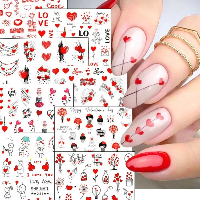 Valentines Day Heart Nail Sticker 3D Adhesive Valentine Graffiti Nail Art Decals Applique   Nail Stickers Decorations