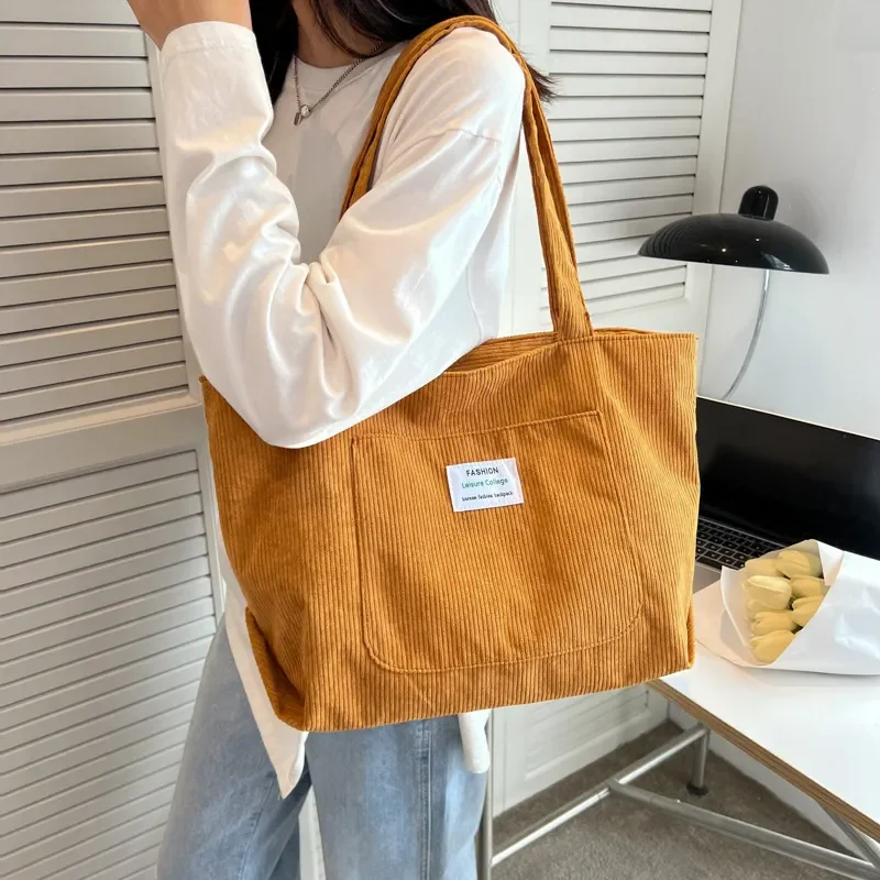 Hot Selling Fashion Reusable Large Capacity Zipper Shoulder Women Corduroy Tote Bag