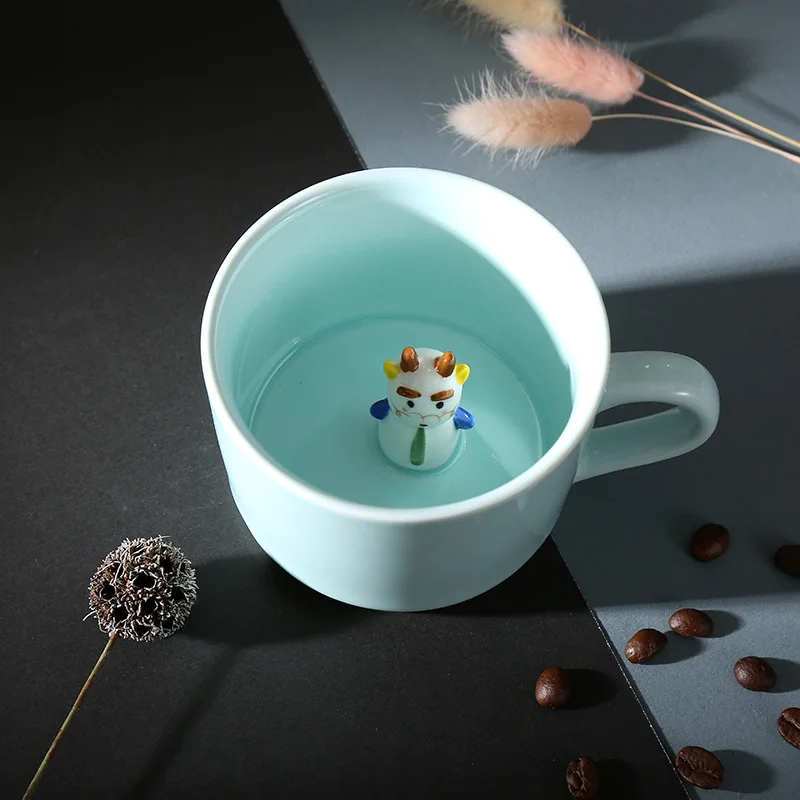 Забавный милый мультфильм белый фарфор 3D стерео ручная роспись животных Внутри Celadon керамическая кружка кофейная чашка