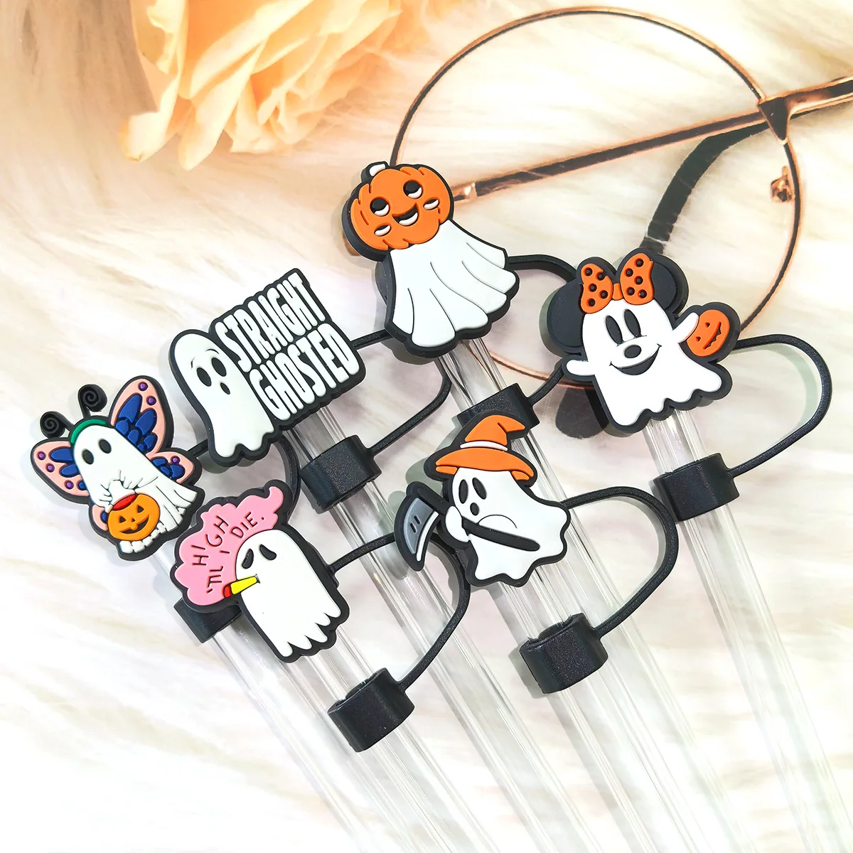 Wholesale Fashion PVC Silicone Pink letters Cartoon Anime Cute Dustproof Straw Cover Cap Charms For Straw