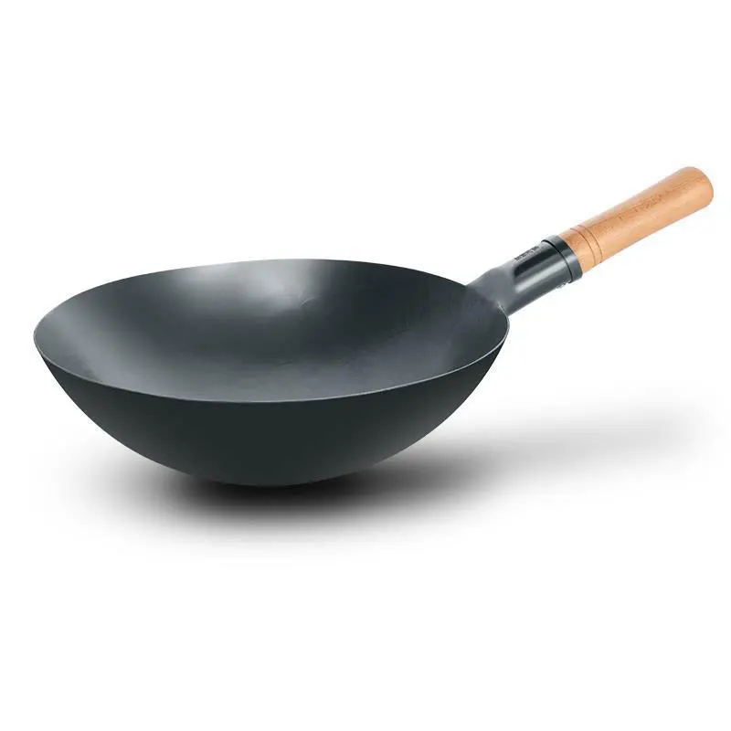 
Китайская ручная молотковая ВОК, деревянная ручка без покрытия, круглая Нижняя кастрюля 