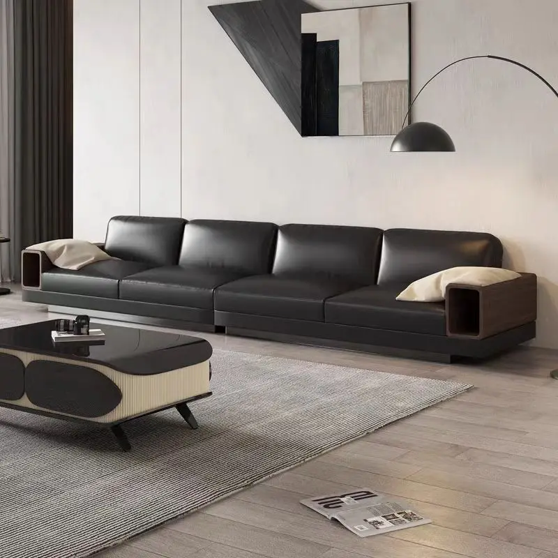Italian Designer 4-Seater Modular Black Leather Sofa Large Sized Living Room Furniture Set for Hotels and Gyms
