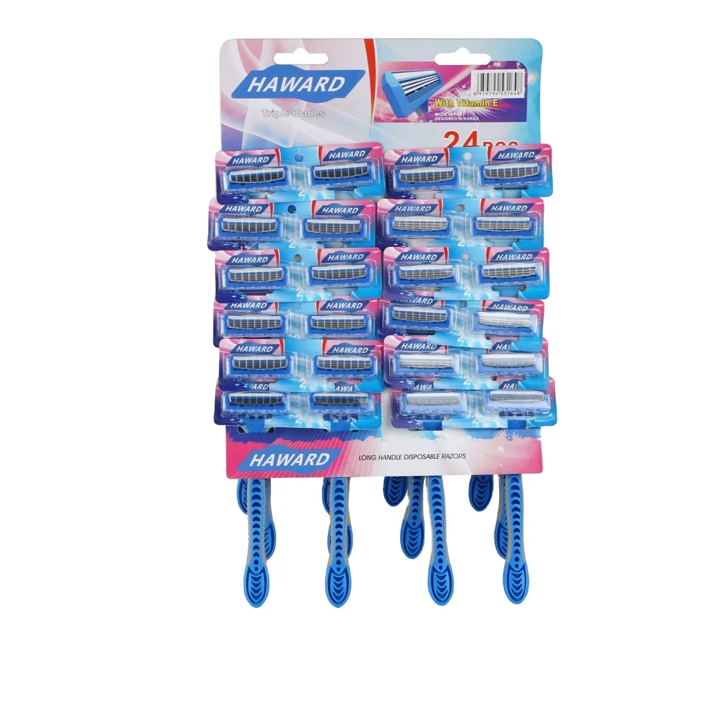 Three Blade Long Rubber Handle Hair Shaving Razor High Quality Disposable Razor With Safety Cover