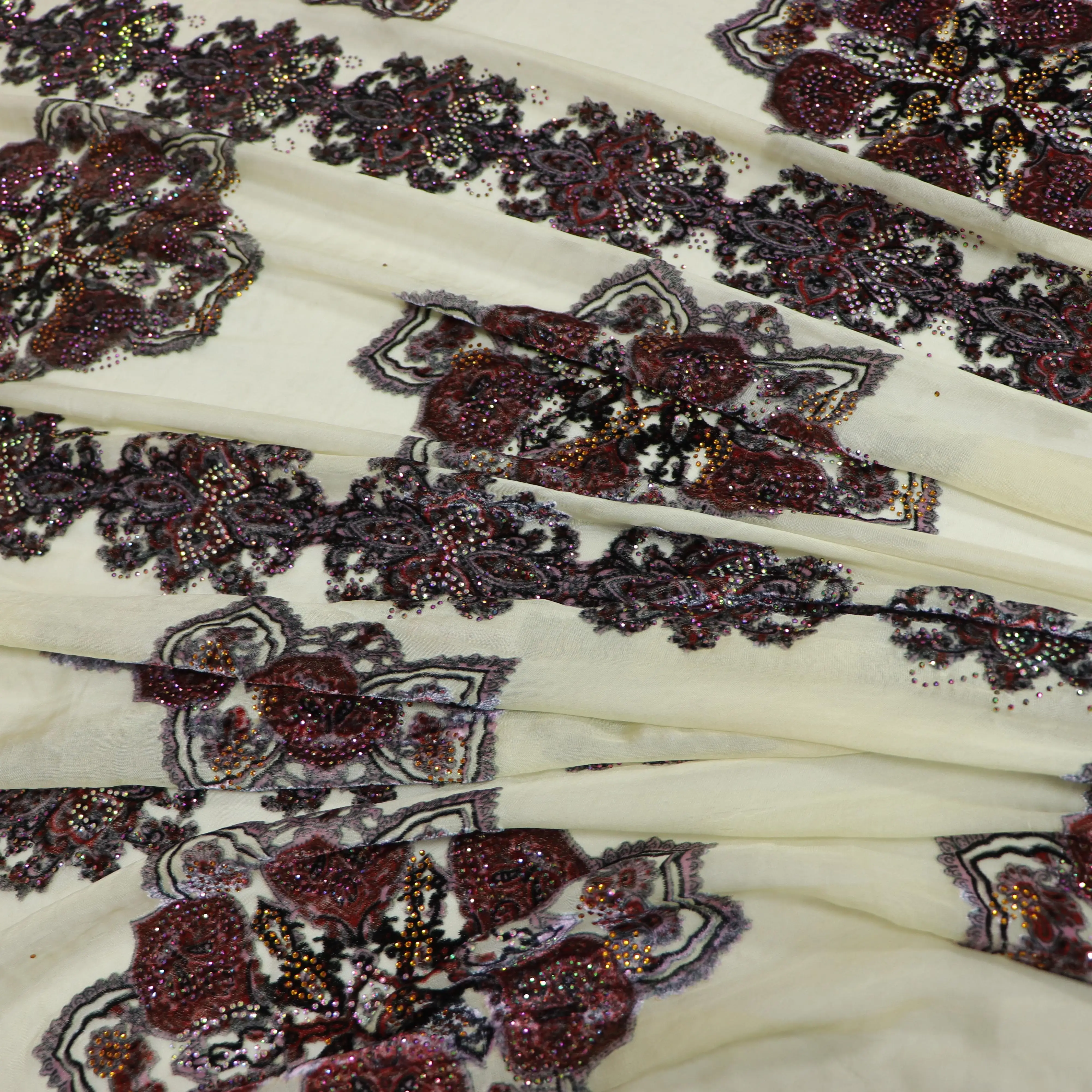 New Design  Silk  Velvet with stones  Patch embroidery lace fabric for Luxury Lady Evening Clothes