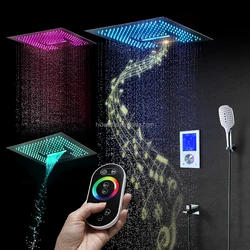 LED Shower Faucet Set Ceiling Embedded 16 Inch Music Speaker Rain and Waterfall Shower Head Hot Cold Touch Main Body