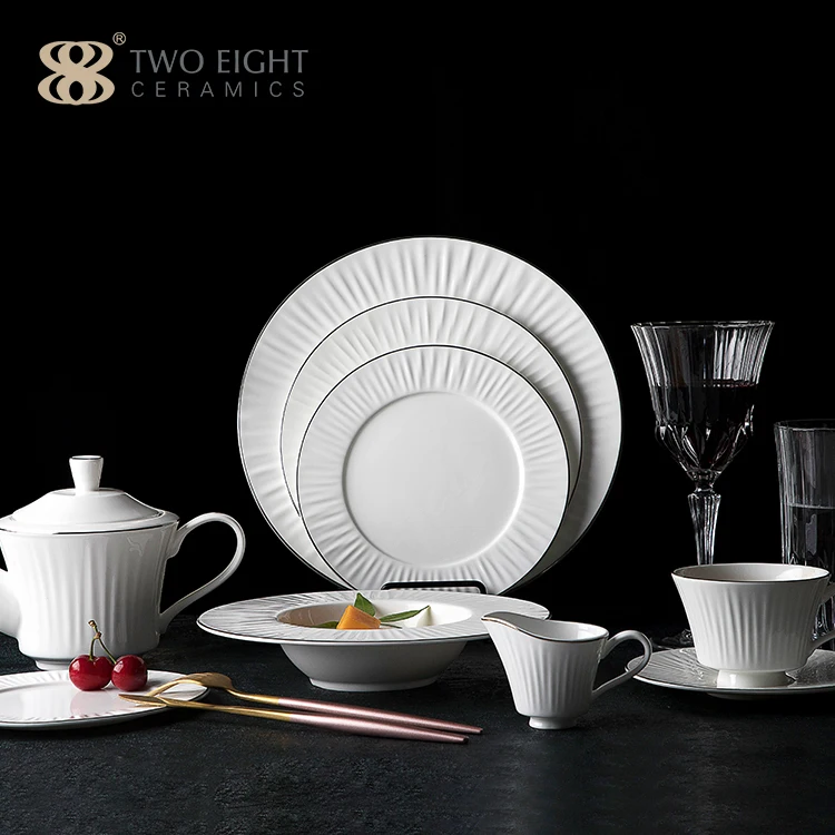 2021 elegant bone china plates restaurant White Silver Rim fine bone china dinner set Plates ceramic square plate