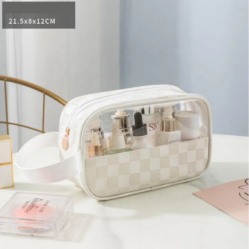 Custom Travel Square PU Cosmetic Bag Clear PVC Storage Wash Organizer Toiletry Bag  Makeup Bag With Handle
