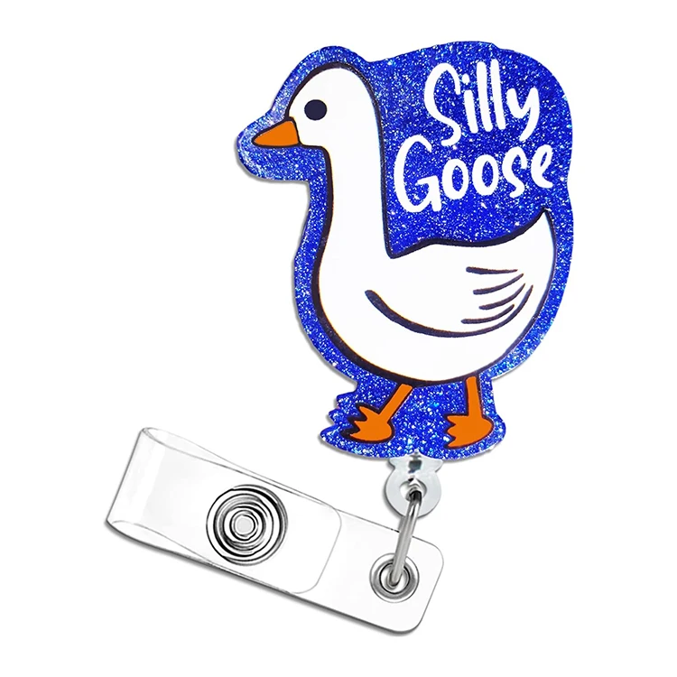 Wholesale Custom Cute Glitter Acrylic Teacher Student Name ID Badge Reel Silly Goose Retractable Nurse Accessories Badge Holder