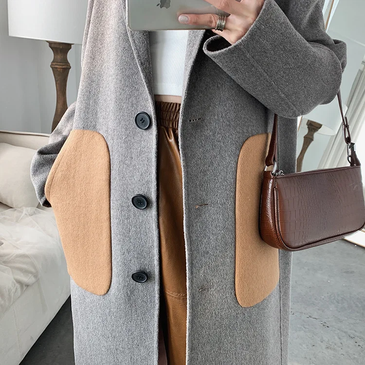 
fashion winter ladies loose single breasted pocket double-sided wool long coat lady casual temperament elegant women coat 