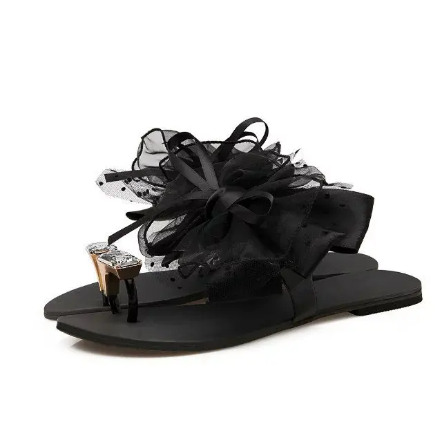 Dropshipping Sexy Ladies Slippers Solid Color Flat Lace Bow Diamond Toe Women Party Slippers