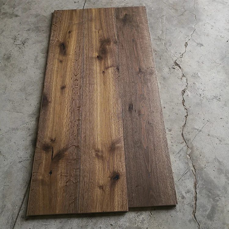 Smoked color and wire brushed French white oak parquet wood flooring for indoor