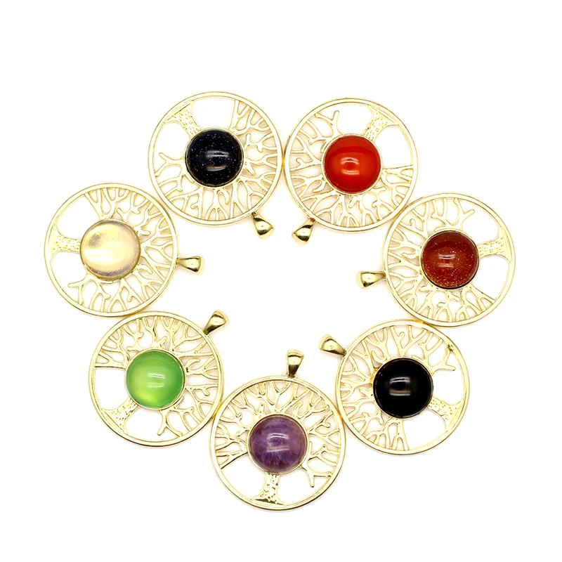 Angel Aura Golden Red Agate Necklace Healing Stone Crystal Tree of Life Pendant for Jewelry Making