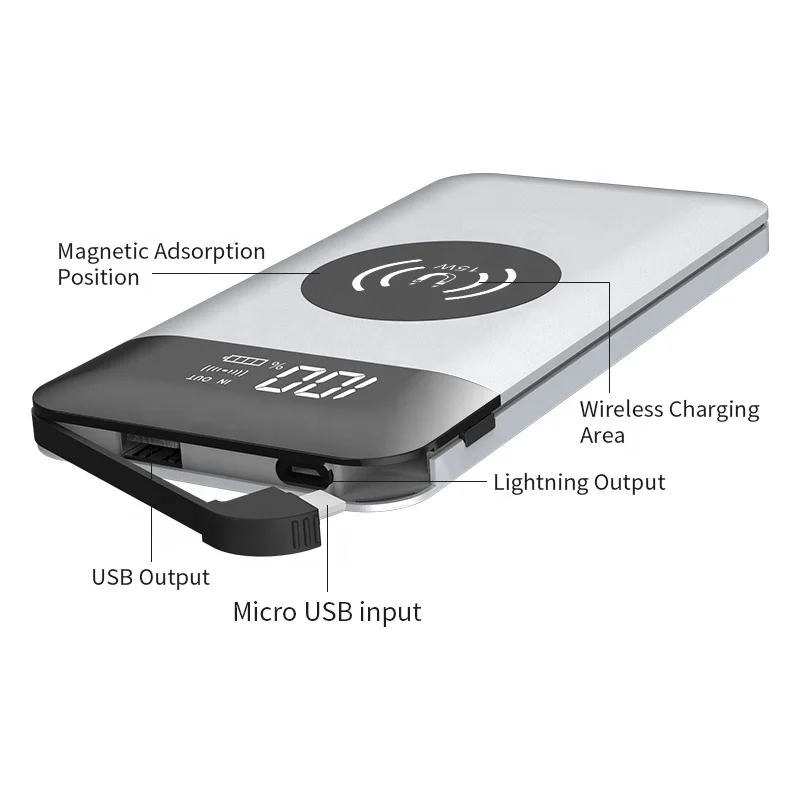 hot selling 15W portable handy wireless power bank magnetic10000mAh build in cable powerbank for iphone 12