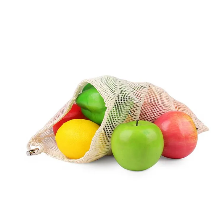 Custom 100% Cotton Mesh Cloth Drawstring Shopping Bags With Logo