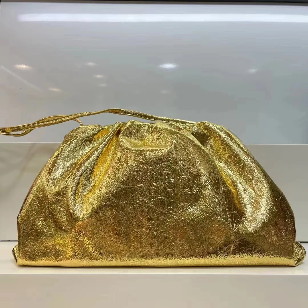 large women metalic genuine leather golden cloud bags fashion ladies clutch purse new string clutch purse Silver evening purse