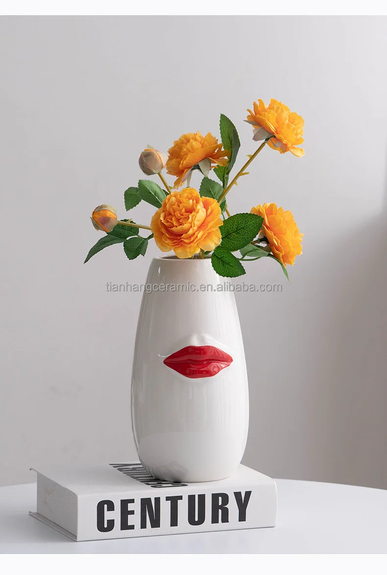 High Luxury Minimalist Boho Creative Floral Vases Ceramic Modern Vases for Home Decor Decorative Vase with Red Lip.jpg