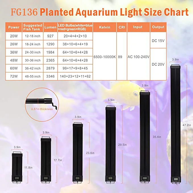 Fullgain Aquarium DIY Mode Programmable Led Light Full Spectrum Plant Fish Tank Light Lcd Display 7 Colors Sunrise Sunset Moon