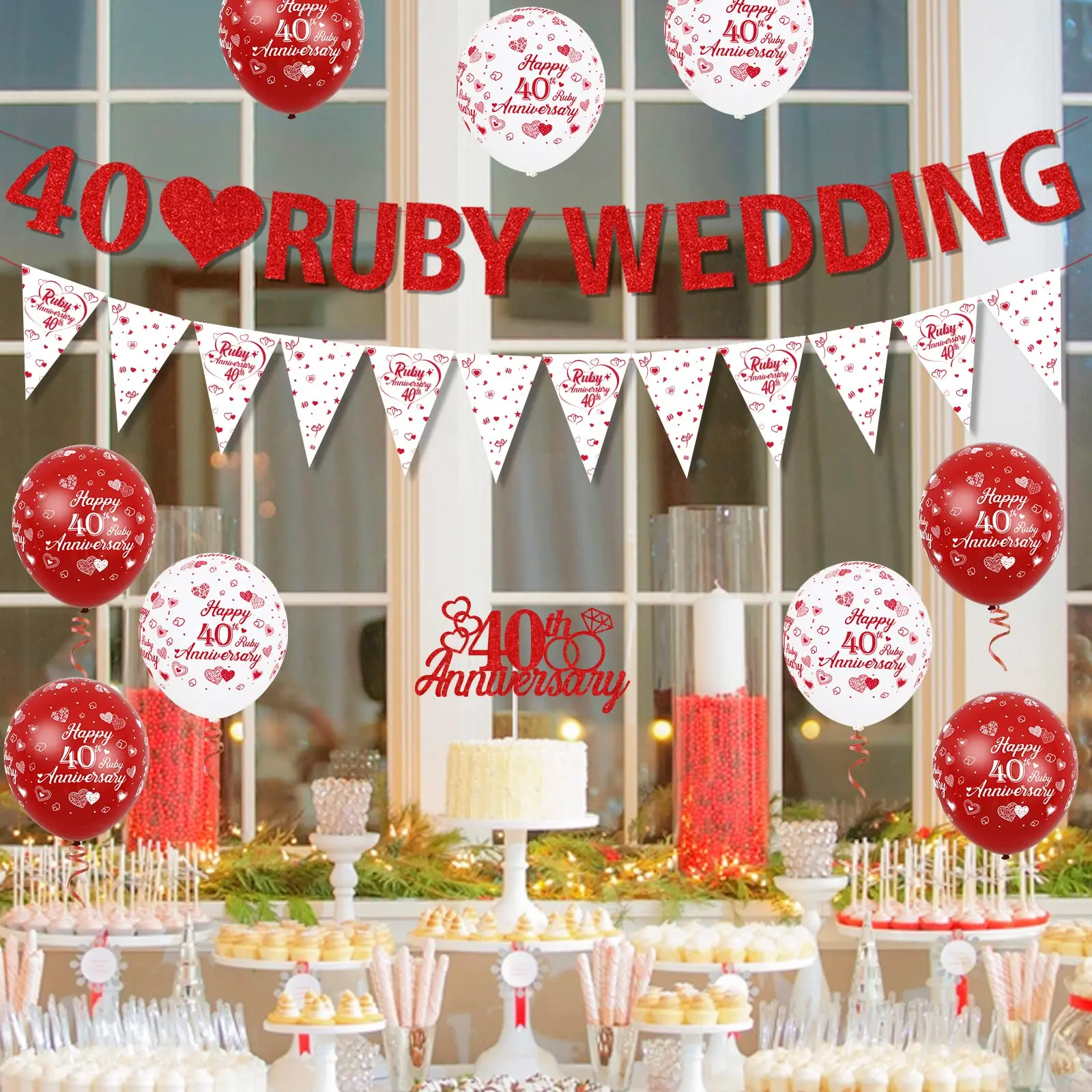 Ruby 40th Anniversary Balloons Bunting Red Heart Rings Cake Topper Satin Sash for 40th Couple Anniversary Party Supplies