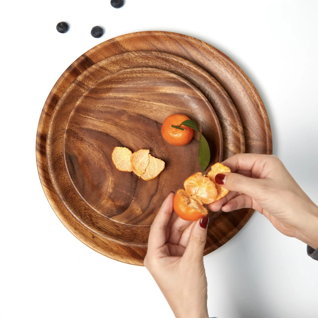 wholesale nordic hot sale cheap acacia solid wood food fruit serving plate round irregular shape  acacia wooden plate