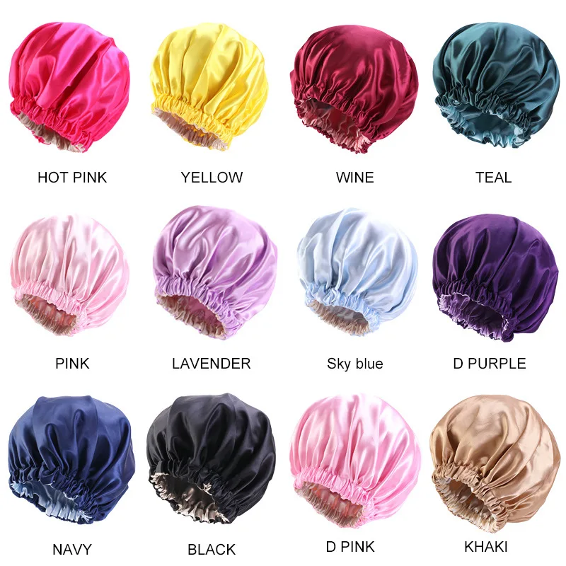 Extra Large Diameter 38cm Double Layer Silk Hair Bonnet Cap Plain Sleeping Reversible Satin Bonnet