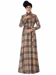 England Vintage Plaid Long Dress Abaya Muslim Women Classic Lapel Lace Up Single Breasted Long Plaid Dress Casual Abaya Dubai