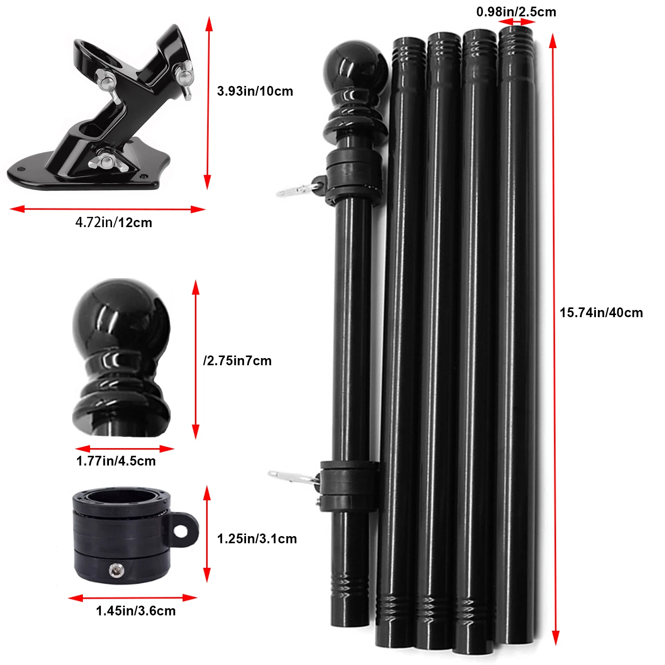 6ft metal outdoor wall mounted flagpole with 2 tangle free ball bearing rings and aluminum base. (Flag not included)