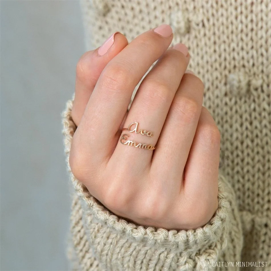 Women Stainless Steel Gold Plated Custom Personalized Name Open Letter Jewelry Adjustable Ring