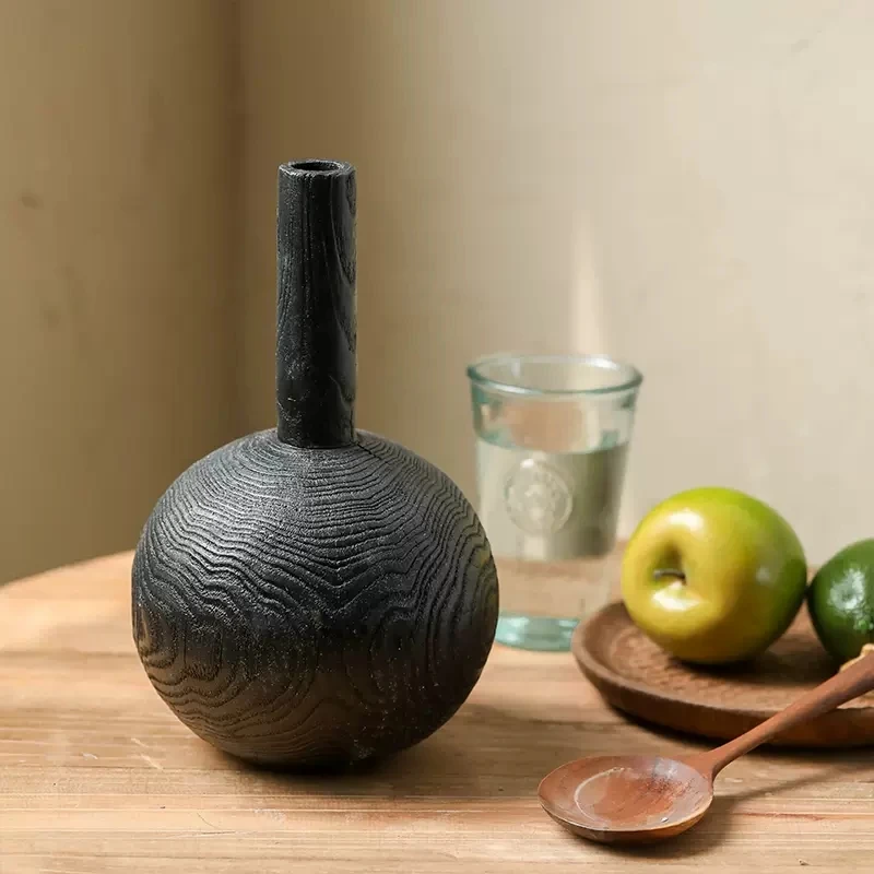 Black Round Ball Solid Wood Fine Mouth Vase Round  Retro Homestay Zen Japanese Style  Design Decor