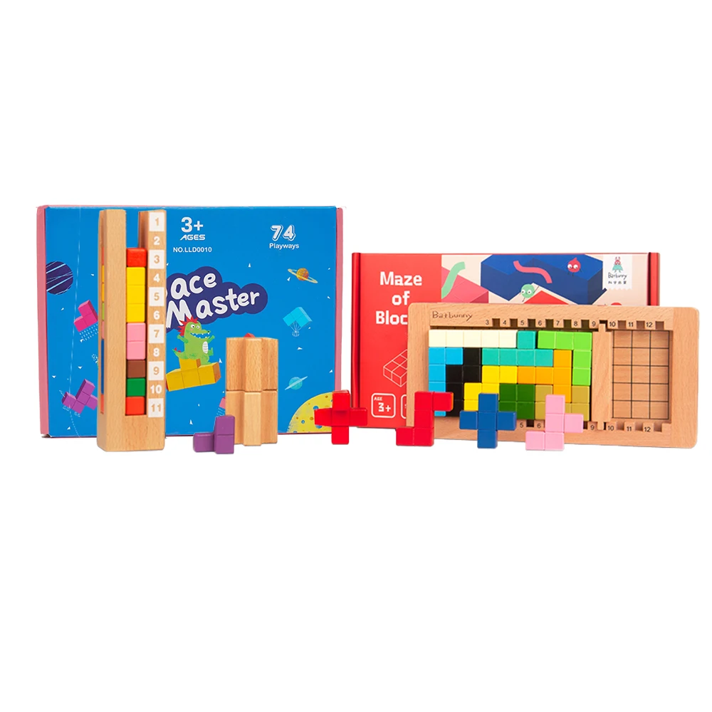 Amazon Hot Selling Early Educational Gifts Wooden Puzzle for Kids Intelligence Colorful 3D Russian Blocks