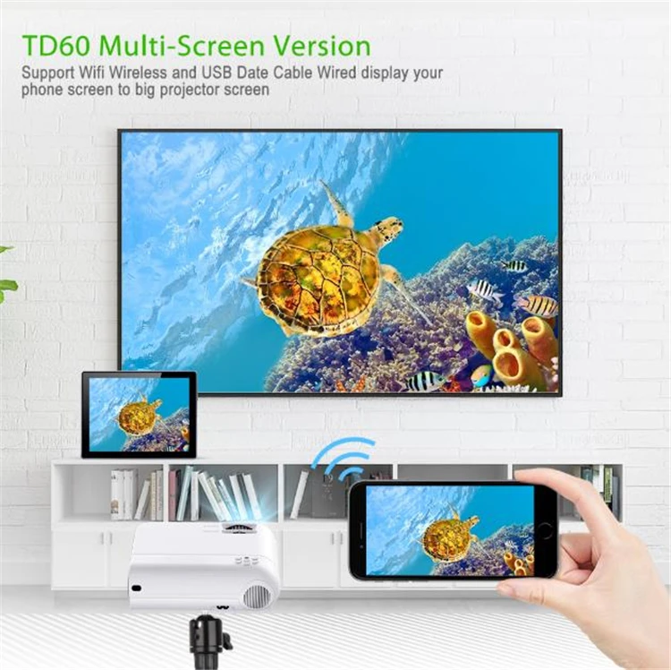 
Portable Wifi Android 6.0 Home Cinema TD60 Mini Projector for 1080P Video 2400 Lumens Phone Video 3D Overhead Projector LED LCD 