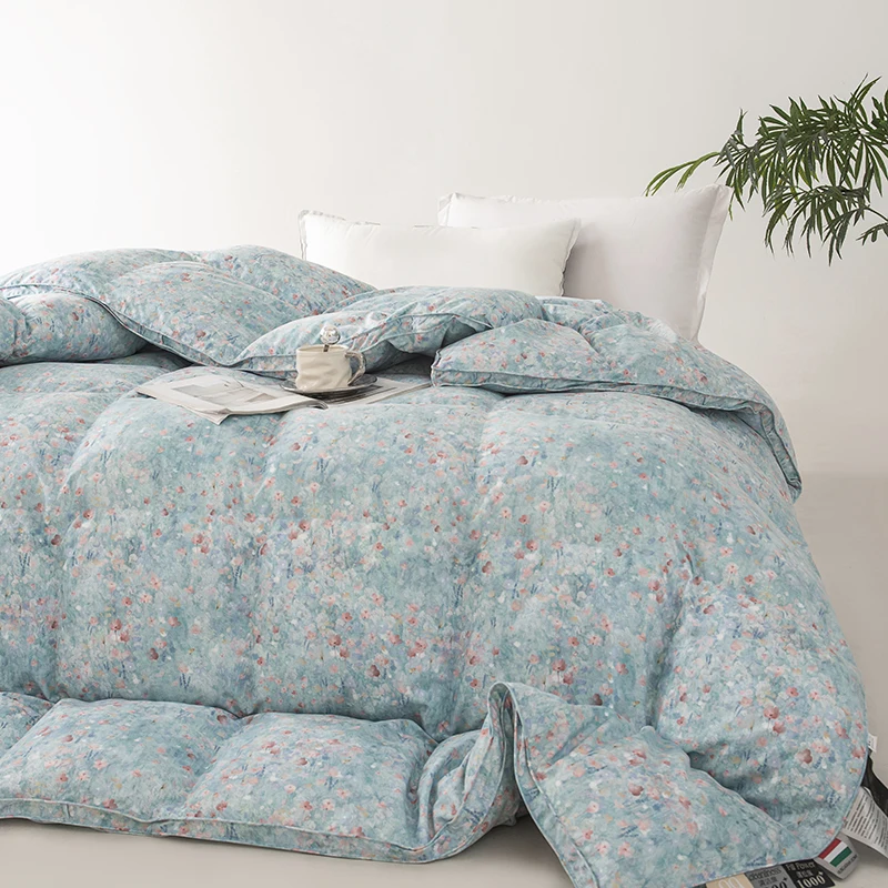 Luxurious Fluffy White Goose Down Comforter Feathers Down Quilts Ultra Soft All Seasons Printing Flower Home Duvet
