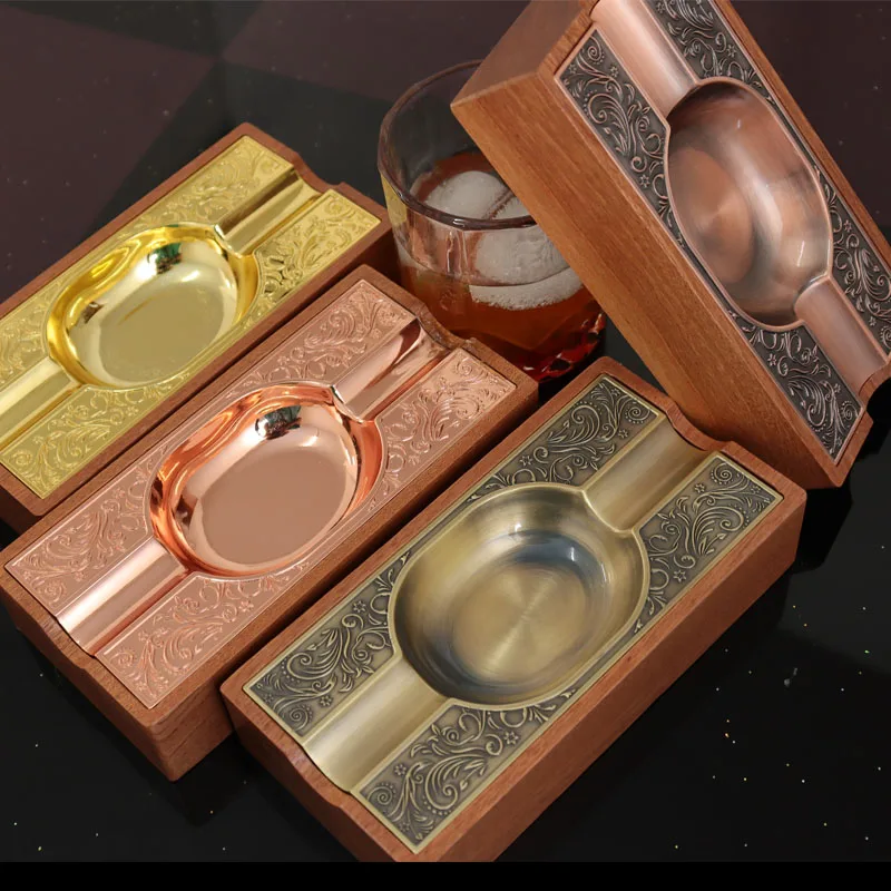 Роскошная металлическая пепельница для сигар, деревянный держатель для сигар, подарочный набор, медь из розового золота для курения, упакованный в подарочную коробку