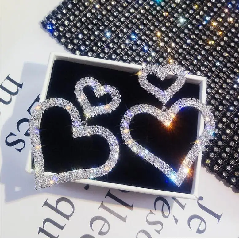 Fashion Exaggeration Diamond Earrings S925 Silvery Heart Earrings Temperament Joker Pendant Love Earring