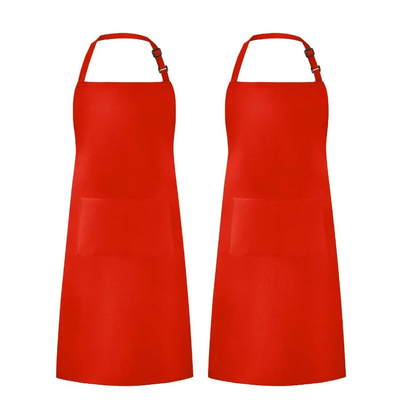 Wholesale Custom Logo Plain Color Polyester Apron with Front Pocket Chef Cafe Bbq Food Cooking Cleaning Bib Aprons Kitchen Apron