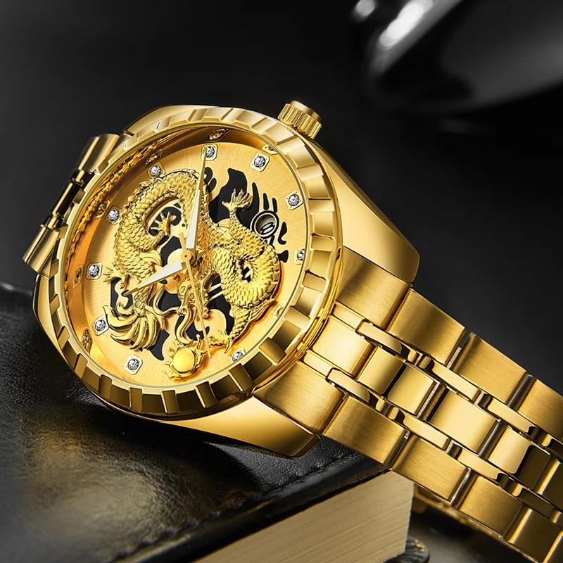 New Golden Mens Watches Top Brand Luxury Chinese Dragon Watch Business Full Steel Quartz Clock