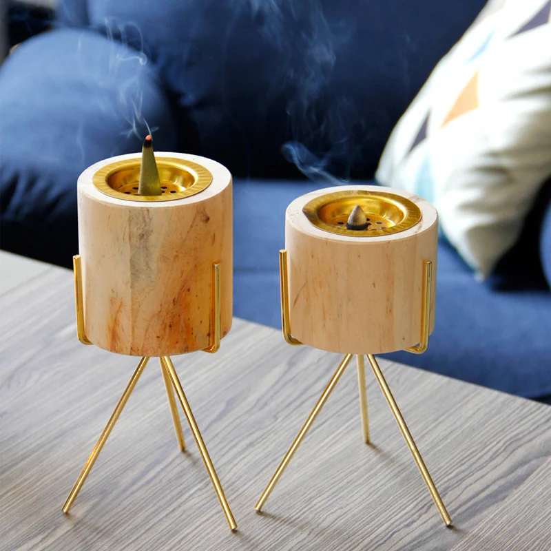 Simplicity Style Cylindrical Wooden Incense Burner Bakhoor Incense Burner with Tri-Pod Stand for Ramandan Aromatherapy