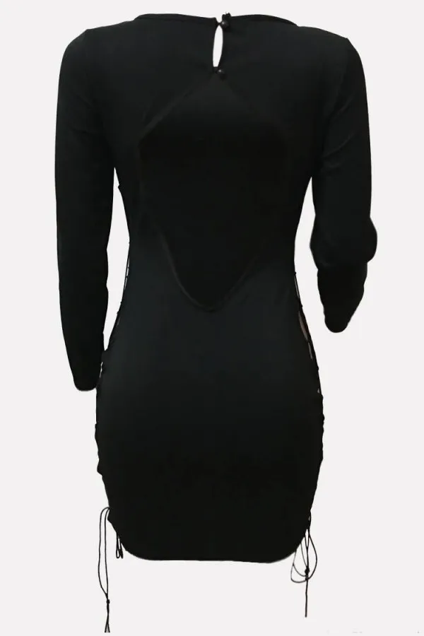 2022 Black Solid Color Deep U Neck Long Sleeve Caged Open Back Sexy Bodycon Dress For Sexy Ladies