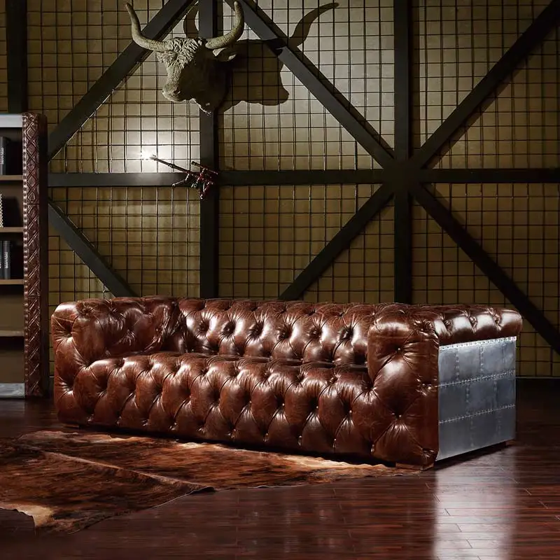  Кожаный диван из авиационного алюминия с задней пуговицей