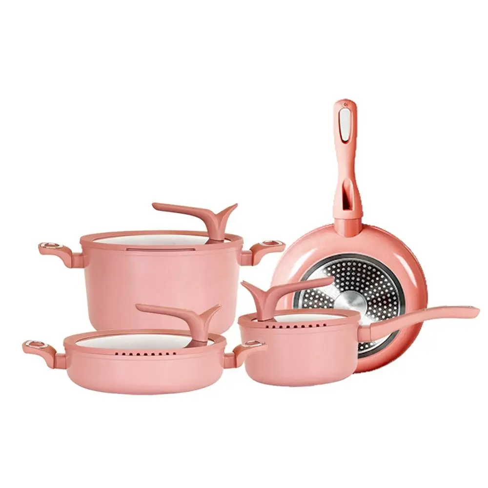 MYH Pink Color Forged Aluminum Induction Bottom Ceramic Enamel Coating Bakelite Handle Pots and Pans Kitchen Cookware Sets