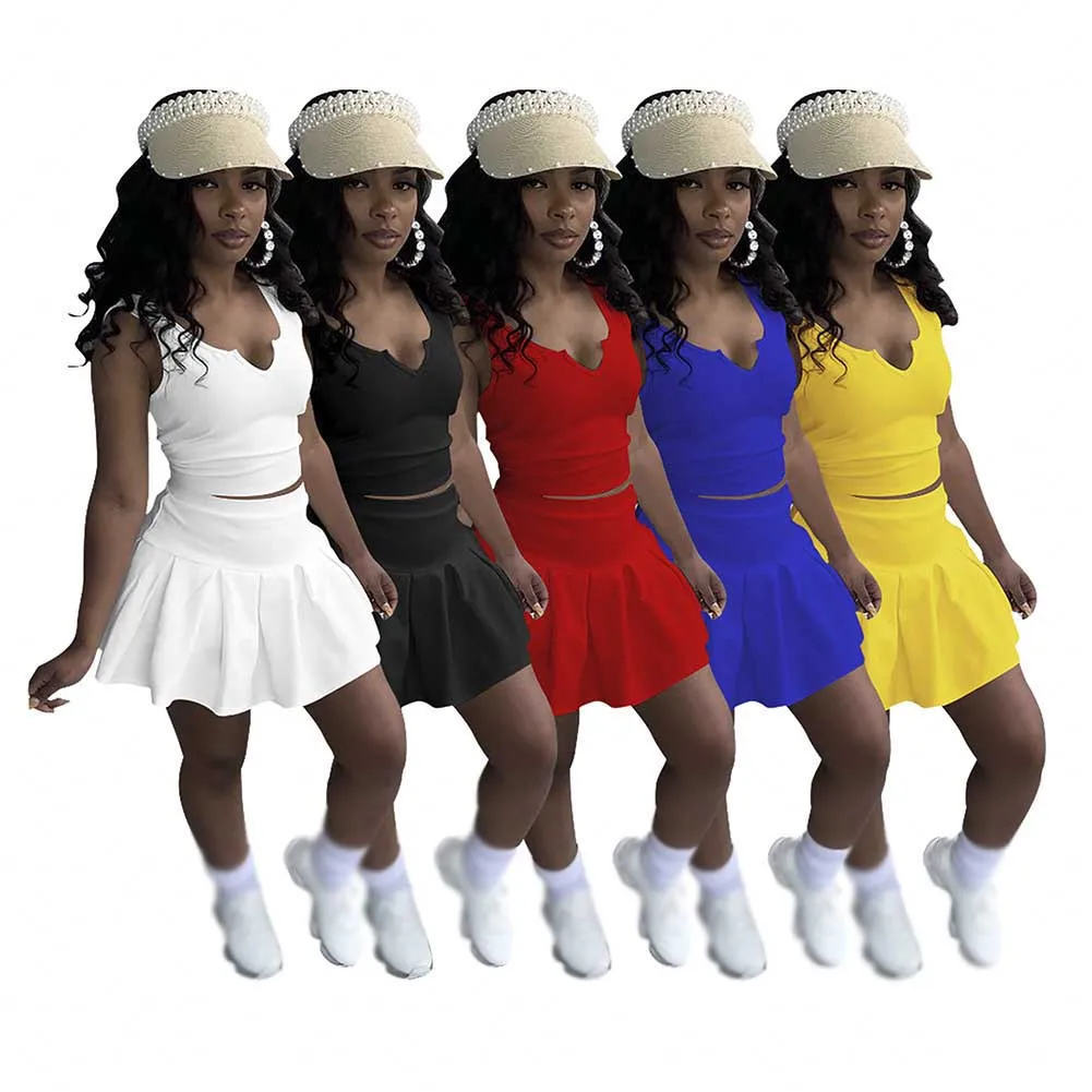 Fashion Summer clothes Women Tennis Golf V Neck Set Custom Two Piece Sportswear Shorts Set Tshirt Skirt And Top Sets for Women