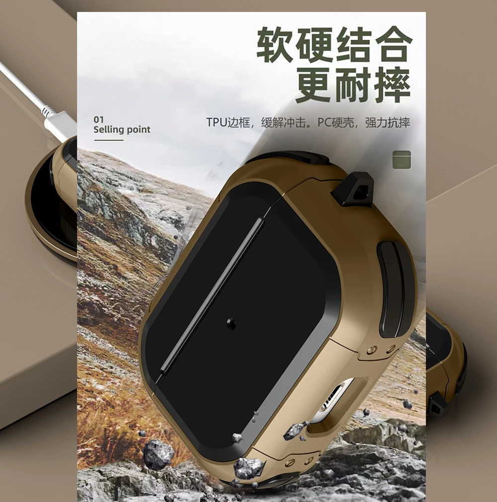 Full-Body Rugged Shock Absorbing Protective Carrying Case Skin with Carabiner for Airpod Pro Wireless Charging Case