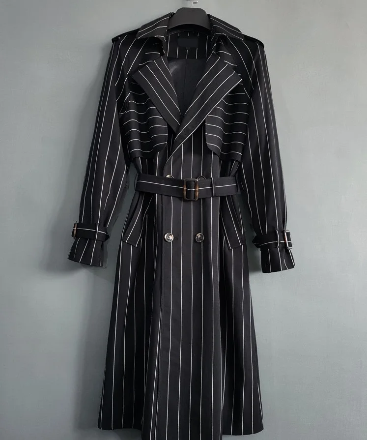 
Spring Fall New Design Ladies Long Wind Coat Vertical Stripe Trench Coat 