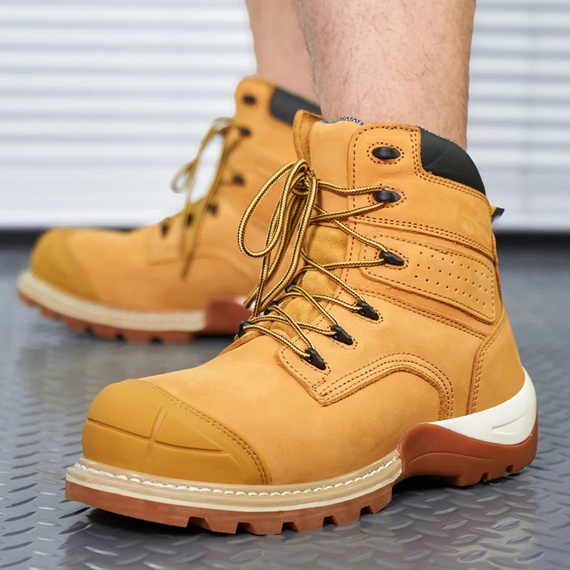 OEM Goodyear nubuck leather safety boot yellow ,  durable  industrial work boots men, heavy duty middle cut goodyear wook boots