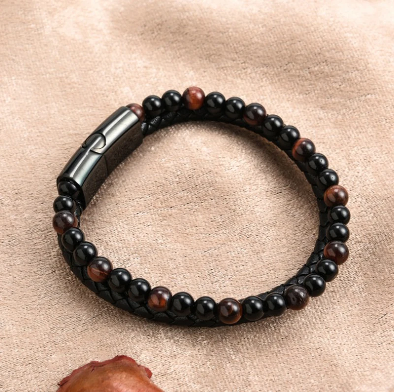 Top Selling Fashionable Friendship Braided Leather Tiger Eye Natural Stone Bead Bracelet For Men