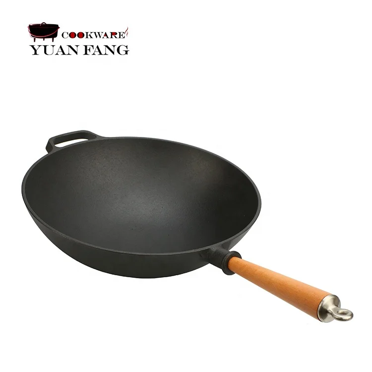 Hot Selling Preseasoned Wok Nonstick 31CM Cast Iron Chinese Wok Pan with Wooden Handle