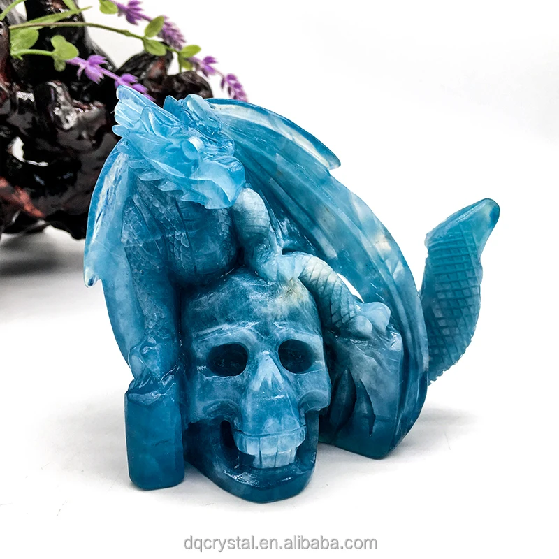 Wholesale high quality natural crystal blue Aquamarine dragon Crystal Craft Carving Unique Aquamarine skulls for decoration