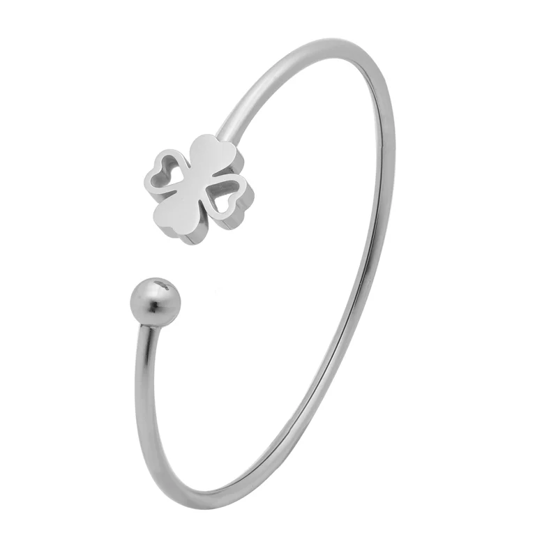Custom Simple Gold Silver Stainless Steel Clover Flower Open Cuff Bangles for Men Women Engrave Logo Letter Bangle