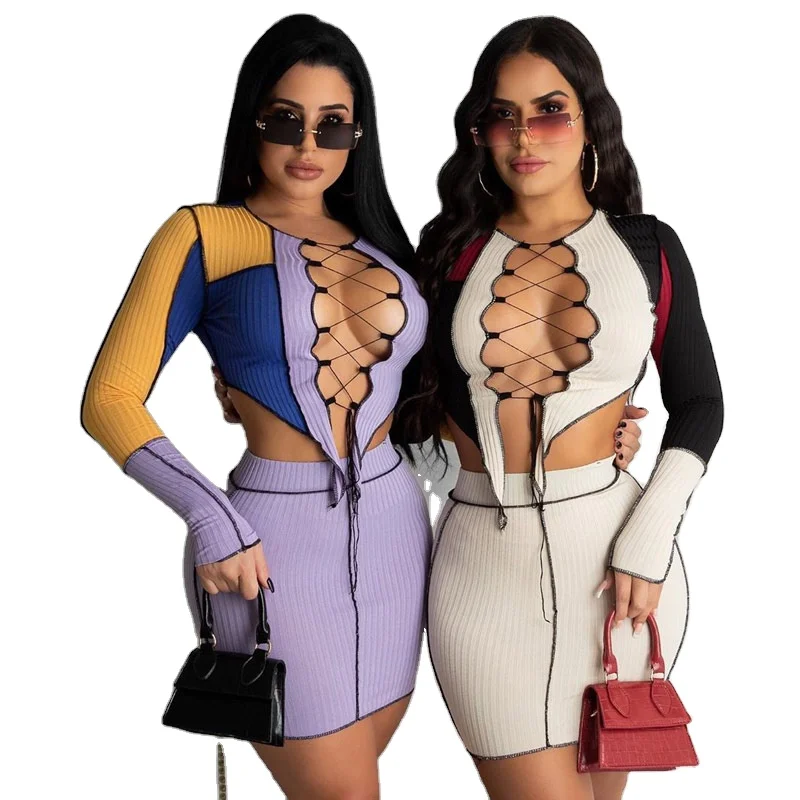 Оптовая продажа, эксклюзивная женская одежда контрастных цветов комплект одежды из 2 предметов Детский комплект с юбкой, платье с длинным рукавом сжатия Топ юбкой в стиле хип-хоп, комплекты с платьем