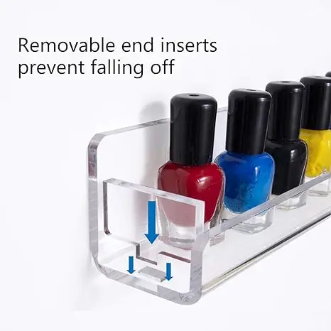 6 Pack Acrylic Clear Nail Polish Wall Mounted Holder, Nail Polish Shelf with Removable Anti-slip End Inserts for Store/Bathroom
